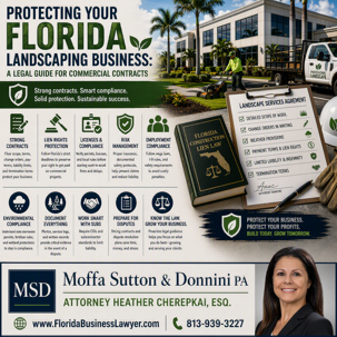 Promotional infographic for Moffa Sutton & Donnini PA titled "Protecting Your Florida Landscaping Business: A Legal Guide for Commercial Contracts." The graphic highlights key legal topics for landscaping businesses, including strong contracts, lien rights